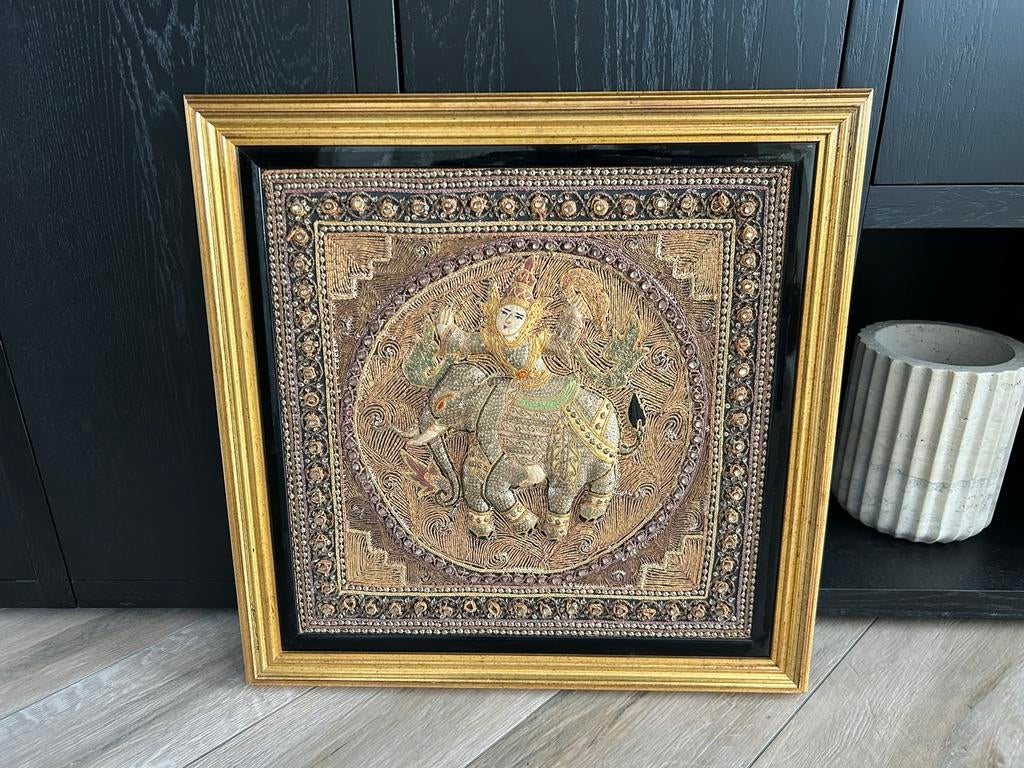 Oosterse Birmaanse Kalaga wanddecoratie met olifant + figuur, Antiek en Kunst, Ophalen