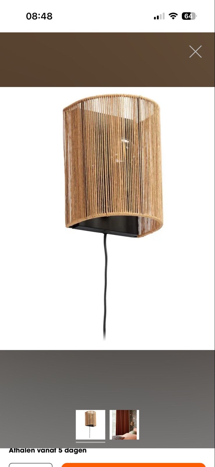 Wandlamp Cera zandkleurig met touw en zwart metaal, Ophalen, Met snoer/stekker, Zwart, Zo goed als nieuw