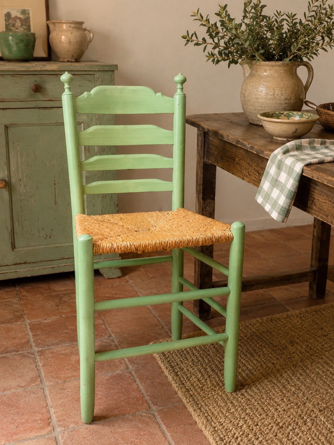 houten ladderback stoel | Pistachegroen | Biezen zitting, Ophalen