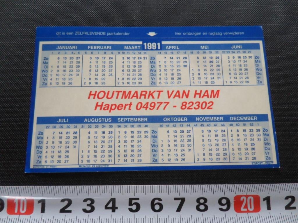 sticker Kalender 1991 Hapert Houtmarkt VAN HAM, Verzamelen, Stickers, Ophalen, Zo goed als nieuw