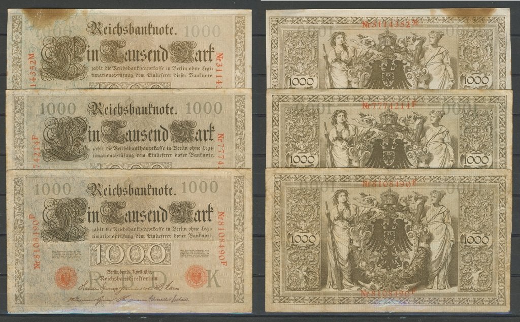 Berlijn Reichsbanknote 3 x 1000 Mark 1910 Biljet c-310 jdu, Ophalen of Verzenden, Duitsland, Setje