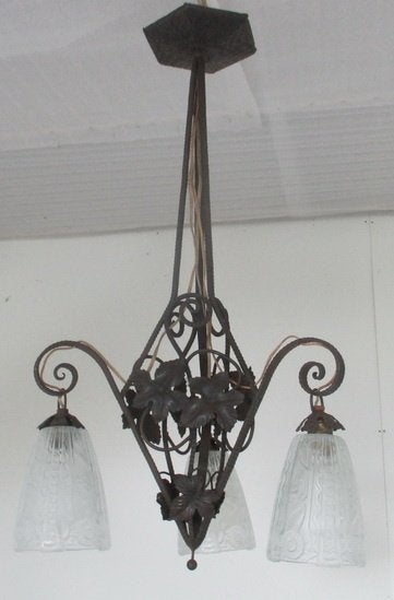 art deco smeedijzeren lamp met drie kappen Donna Paris 13, Ophalen