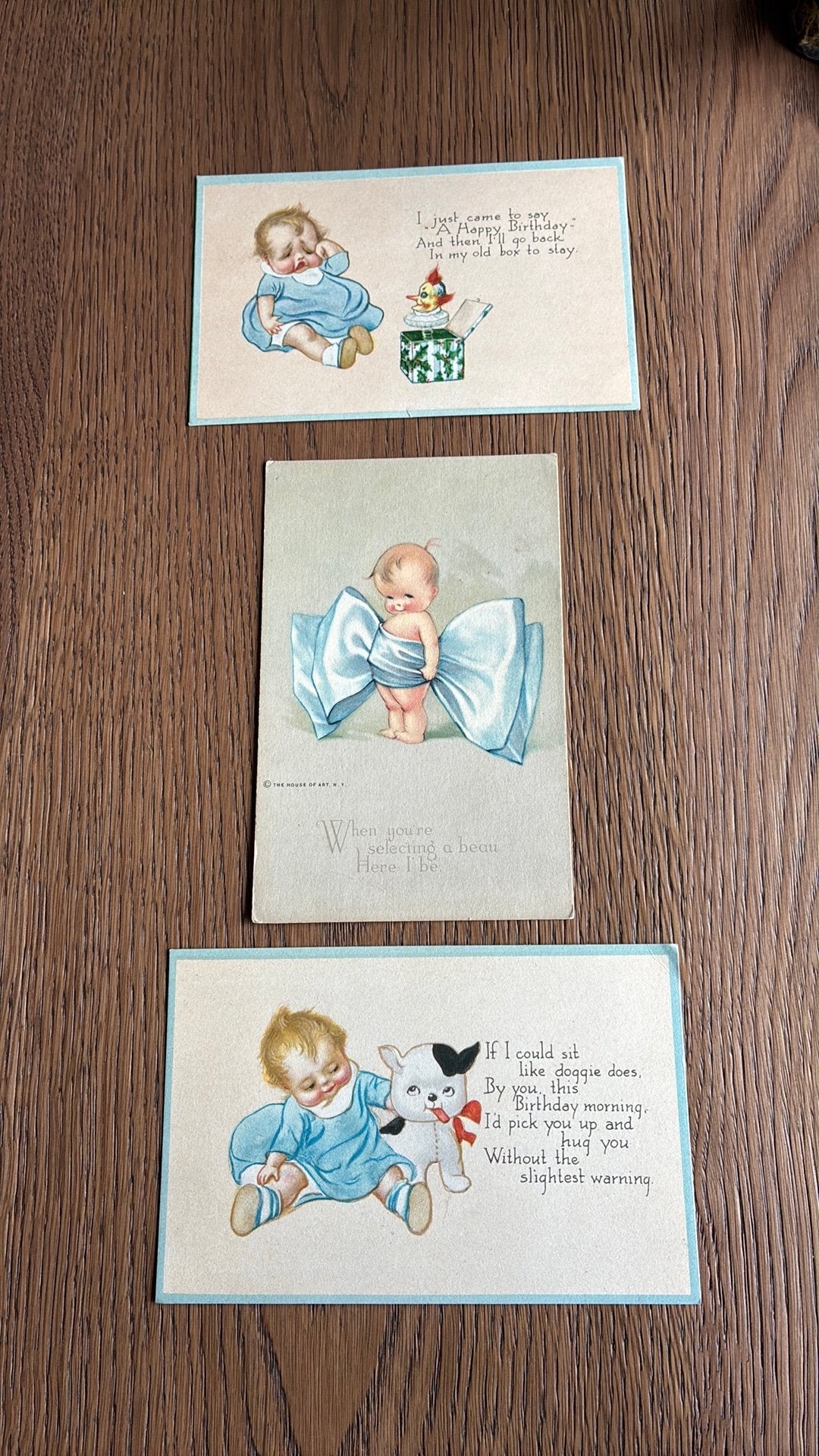 Kaarten afbeelding baby.Hondje,duveltje in doosje, Ophalen of Verzenden