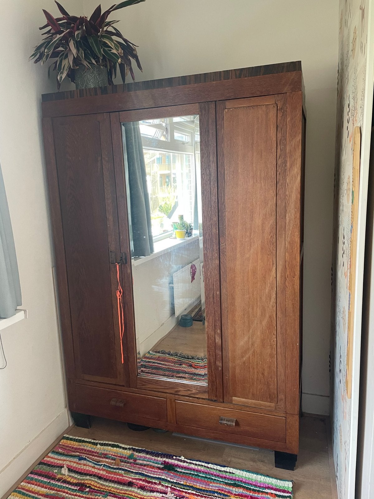 Art Deco houten kledingkast met spiegel en lades, Ophalen