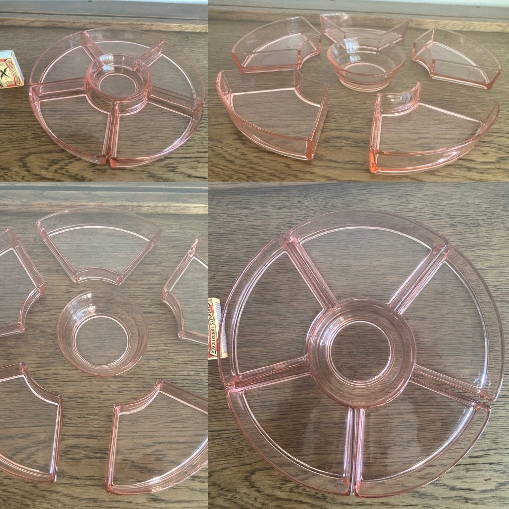 Seventies roze gloed glazen snackschaaltjes cirkel setje, Vintage, Ophalen of Verzenden, Glas, Schaal of Schalen