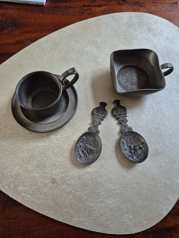 tinnen kop/schotel /asbak lepeltjes, Antiek en Kunst, Ophalen of Verzenden