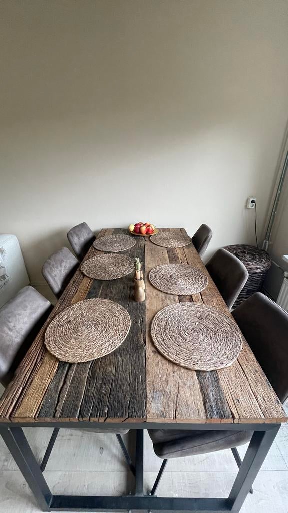 Houten eettafel met metalen onderstel, Huis en Inrichting, Tafels | Eettafels, Ophalen, Gebruikt, 50 tot 100 cm, Vijf personen of meer