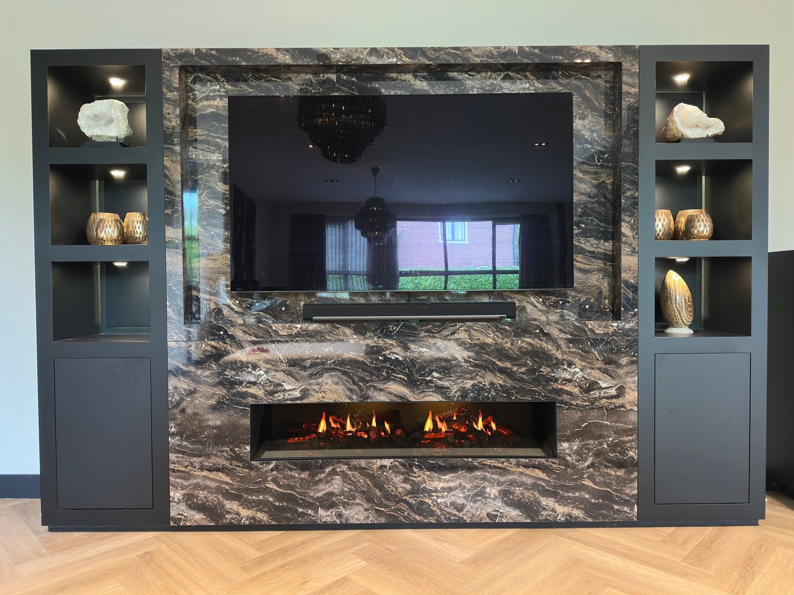 Luxe Driehoek Meubelen Cinewall + Dimplex Opti-V Haard, Ophalen, Overige materialen, 200 cm of meer, Zo goed als nieuw
