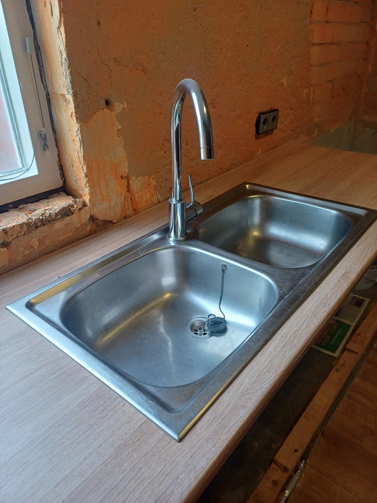 aanrechtblad+dubbele spoelbak+bevestiging, Huis en Inrichting, Ophalen, Gebruikt, 150 tot 200 cm, Minder dan 100 cm