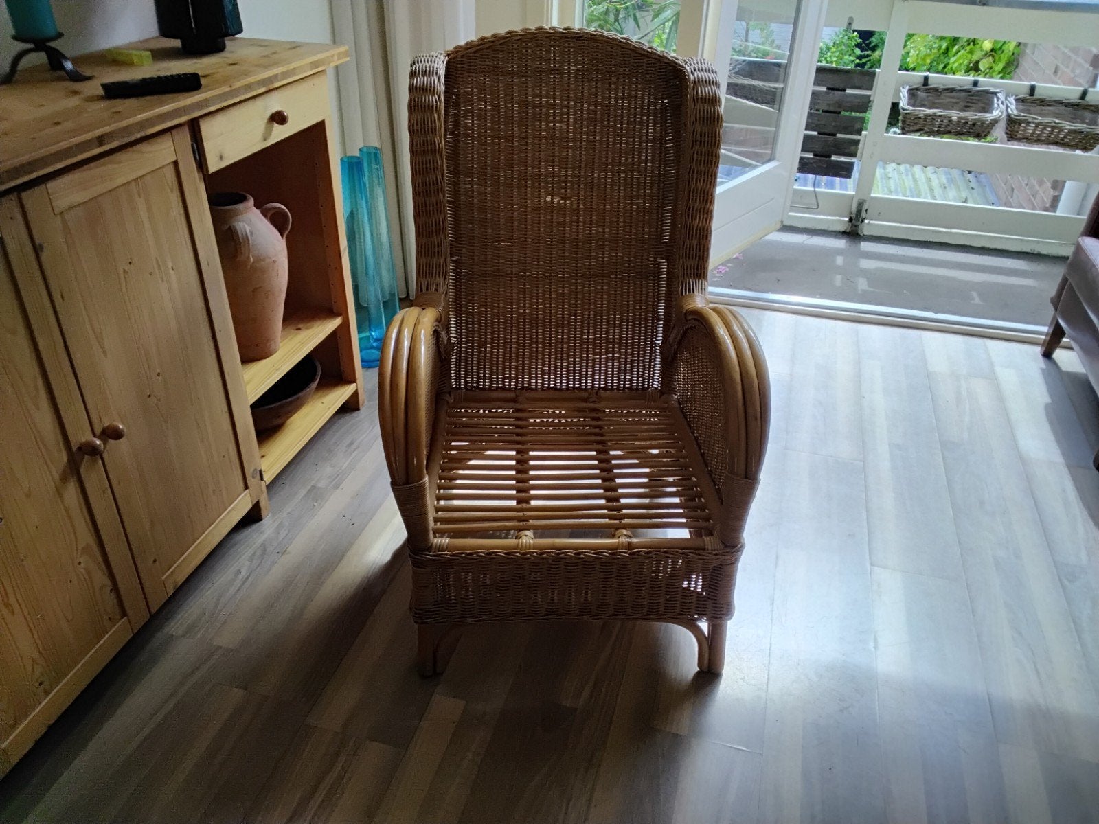 Vintage rotan bamboe stoel fauteuil jaren '80, Huis en Inrichting, Stoelen, Ophalen, Gebruikt, Bruin, Riet of Rotan