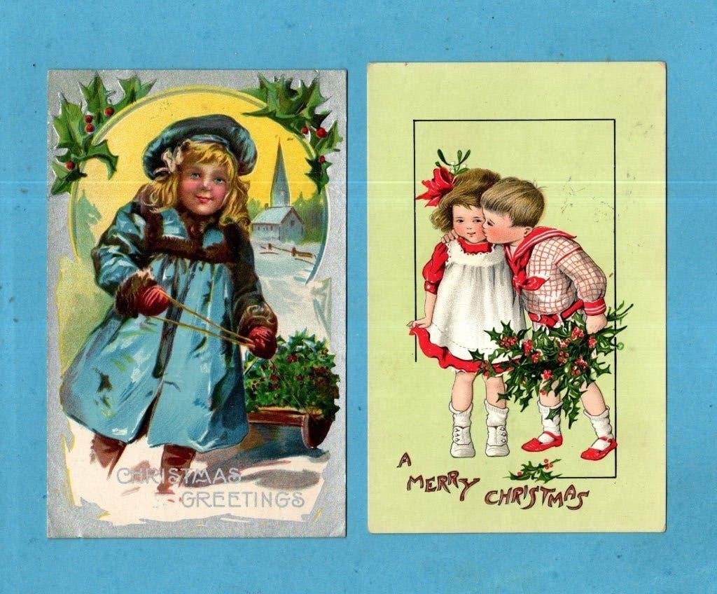 2x Prachtige kerstkaarten/reliéf W112 met kinderen  ca1910, Verzamelen, Verzenden, Voor 1920, Gelopen, Sterren en Beroemdheden