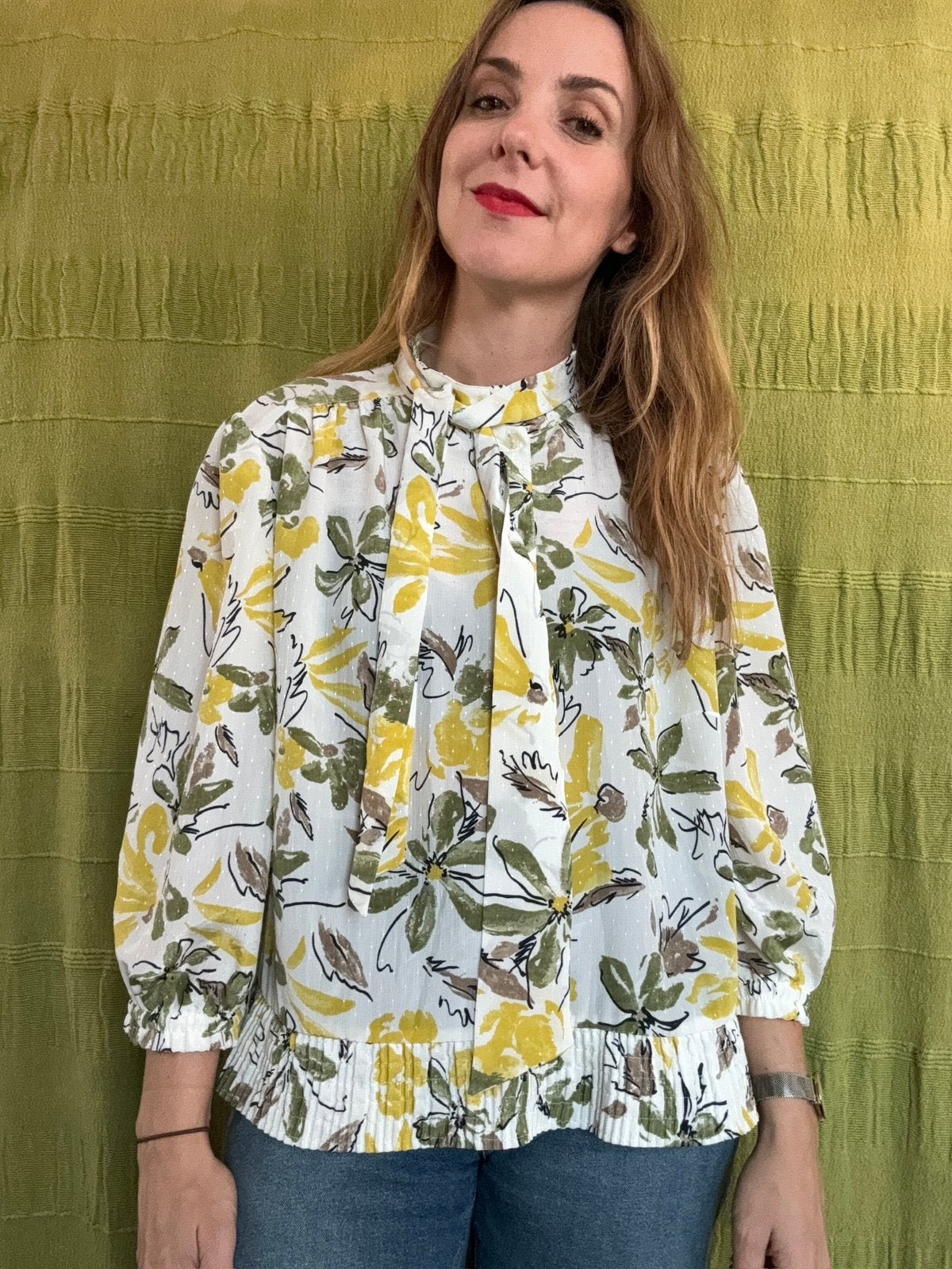 Vintage blouse met bloemenprint geel/groen/wit L / 40, Maat 38/40 (M), Hgv, Ophalen of Verzenden, Gedragen