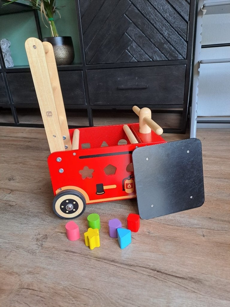 Houten loopwagen Brandweer incl. Blokjes, Ophalen, Gebruikt, Duw- of Trekspeelgoed