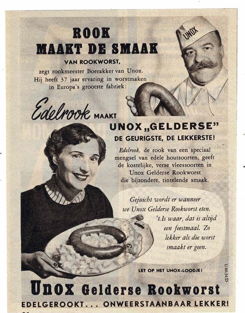 Rook maakt de smaak van de UNOX Rookworst 1952, Verzamelen, Merken en Reclamevoorwerpen, Verzenden, Zo goed als nieuw, Overige typen