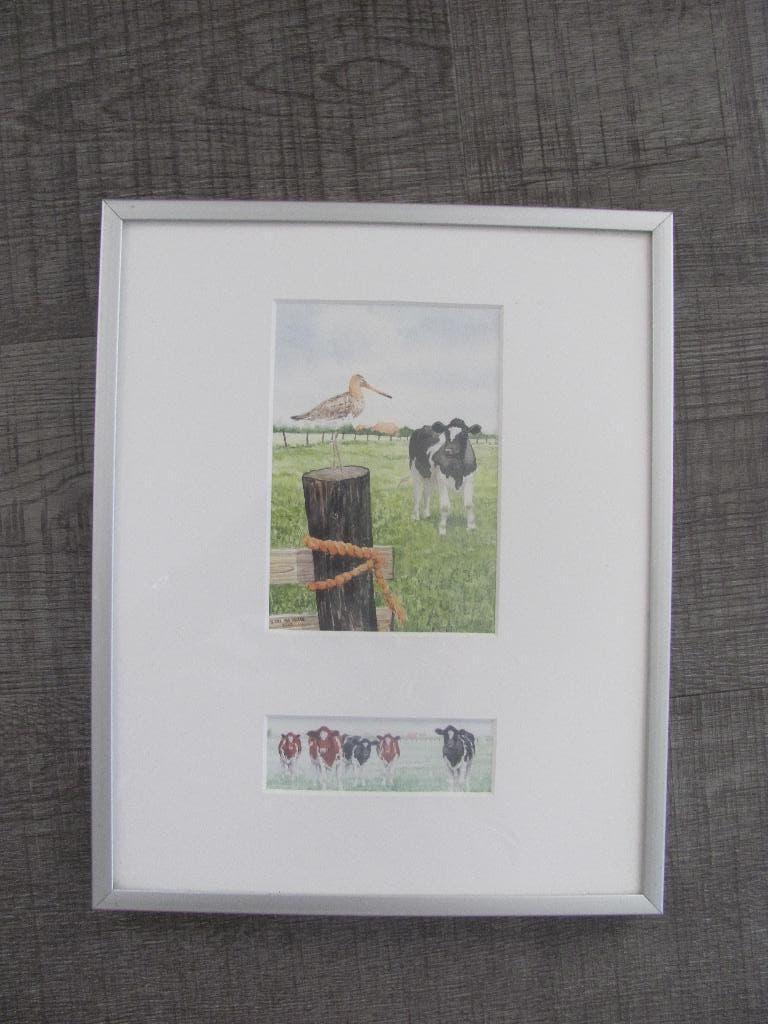 Wiebe van der Zee - 2002 - Grutto en koeien, Minder dan 50 cm, Oorspronkelijke maker, Ophalen of Verzenden, Minder dan 50 cm