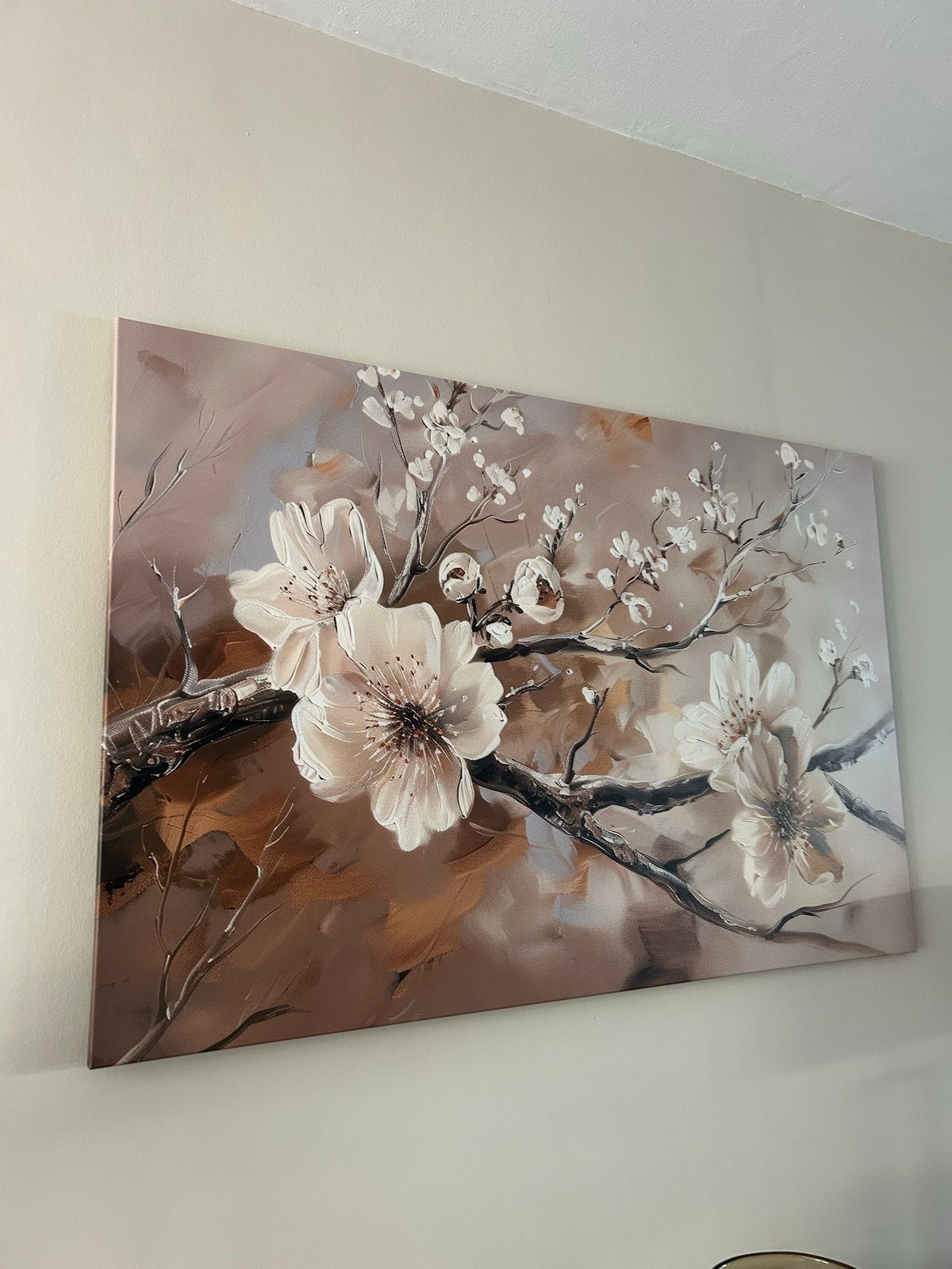 Schilderij met bloesemtakken en witte bloemen, Doek, Realistisch, Handgeschilderd, Olieverf