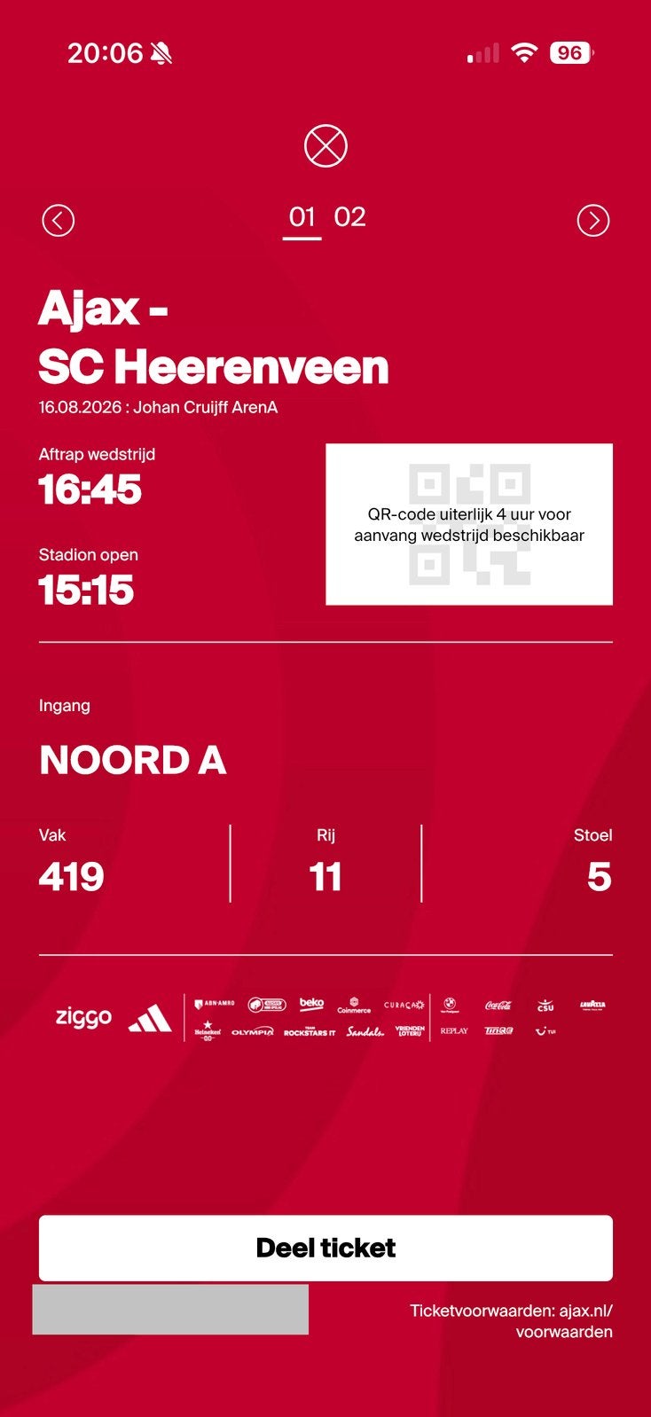 2 kaarten AJAX - SC Heerenveen, Losse kaart, Twee personen, Augustus, Nederlands elftal