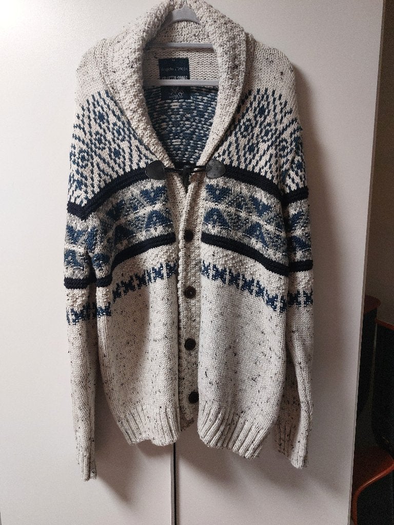 Cardigan gebreide grijs blauw zwart sjaalkraagvest 3XL, Ophalen of Verzenden, Gedragen, Overige maten, Overige kleuren