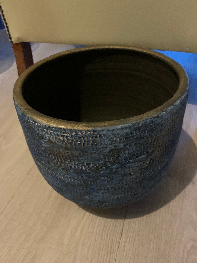 Mooie blauwe bloempot met gouden rand, Tuin en Terras, 25 tot 40 cm, Rond, Nieuw, Ophalen of Verzenden