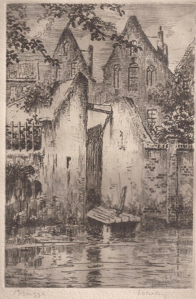 Erkelens, A. - Brugge Ets, Antiek en Kunst, Kunst | Etsen en Gravures, Ets, Blanco verso, Gesigneerd, Met tekst, Origineel, Stadsgezicht