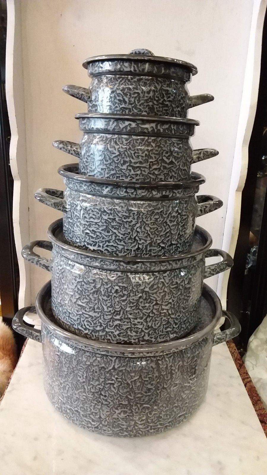 Set van 5 oude emaille grijsgewolkte pannen in nette staat, Antiek en Kunst, Ophalen of Verzenden