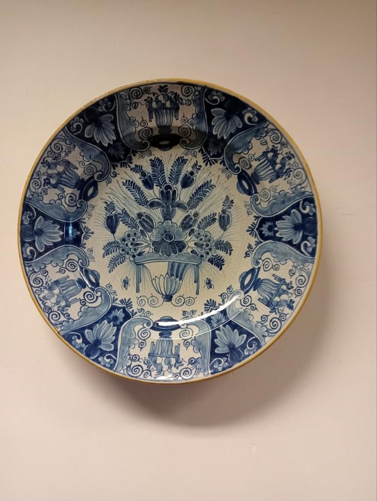 Antiek Groot Delfts Blauw Schotel met Bloemmotief, Ophalen of Verzenden