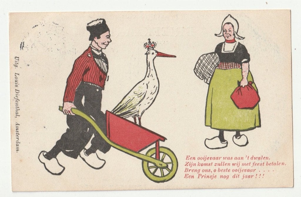 Ooievaar in kruiwagen klederdracht geboorte Juliana 1909, Gebruikt, Verzenden, Kaart, Foto of Prent, X