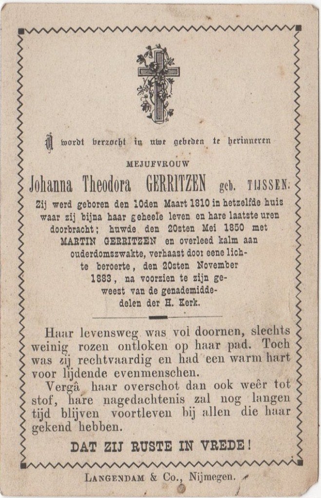 Johanna Th. Tijssen 1810 - 1883 Nijmegen, 73 jaar oud, Verzenden