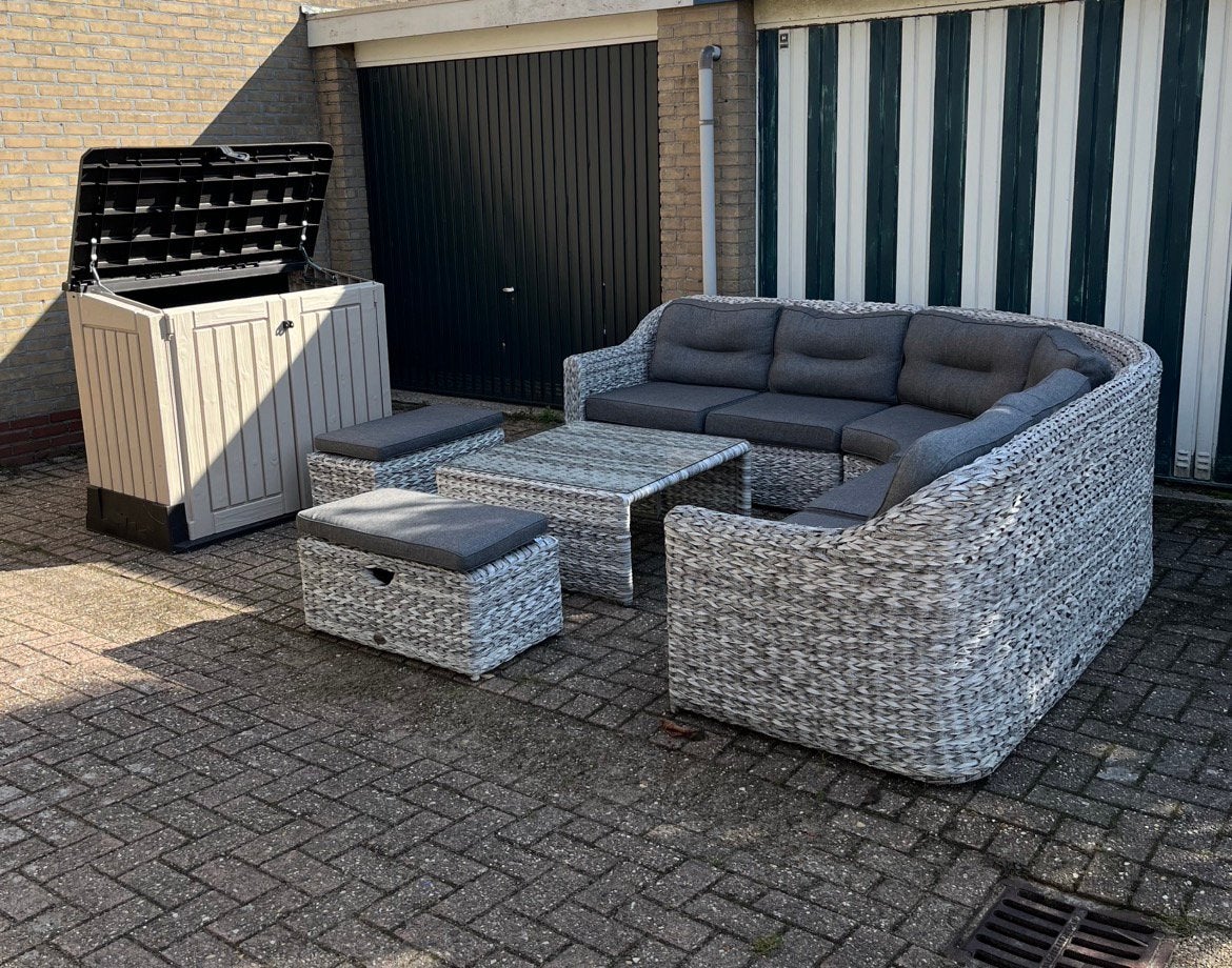 Mooie grote luxe loungeset met kussenbox prachtige kussens, Tuin en Terras, Ophalen of Verzenden, Zo goed als nieuw, Wicker