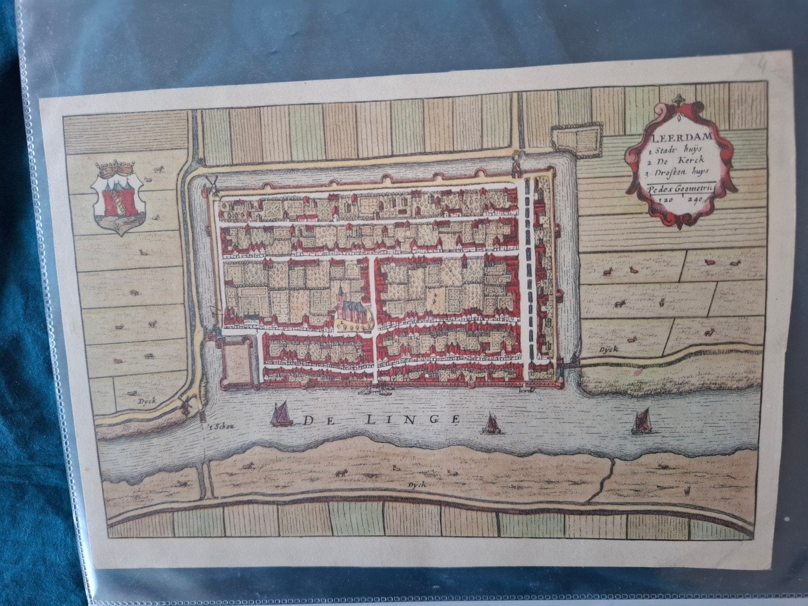 Ingekleurde gravure ets Leerdam, de Linge, Ophalen of Verzenden, Overige landen