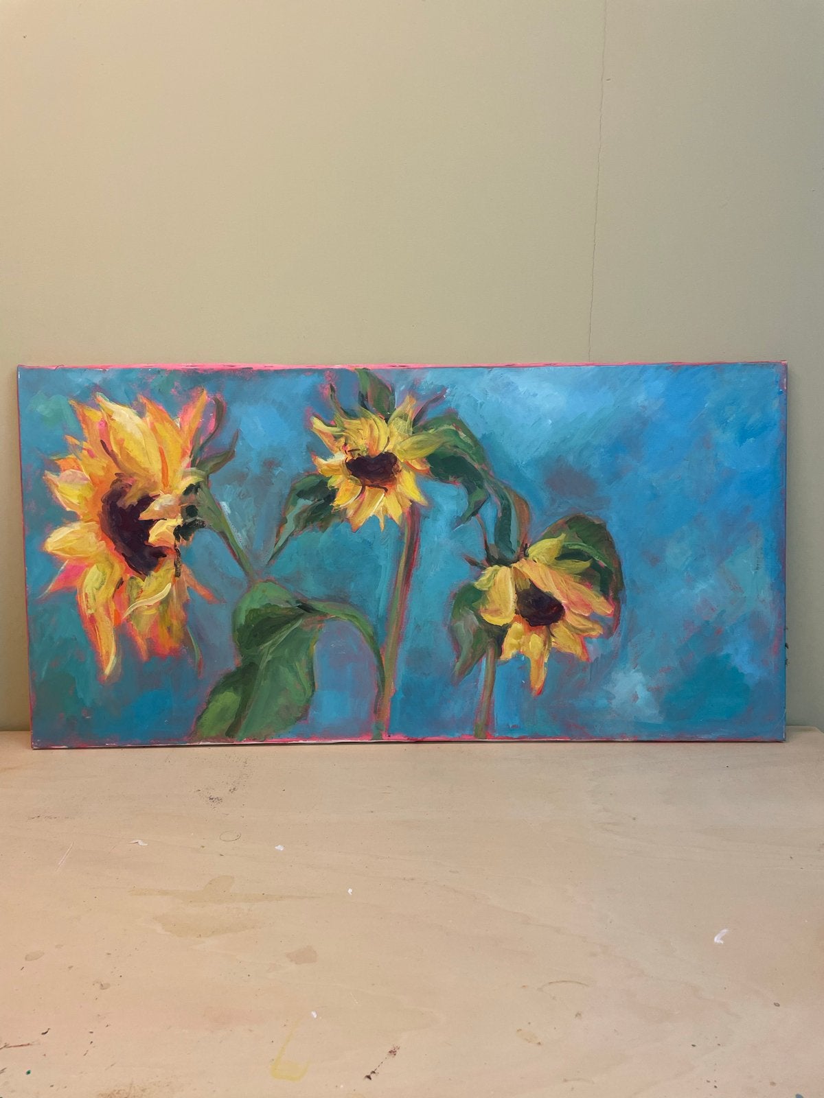 Schilderij Zonnebloemen acrylverf 55x105cm, Ophalen