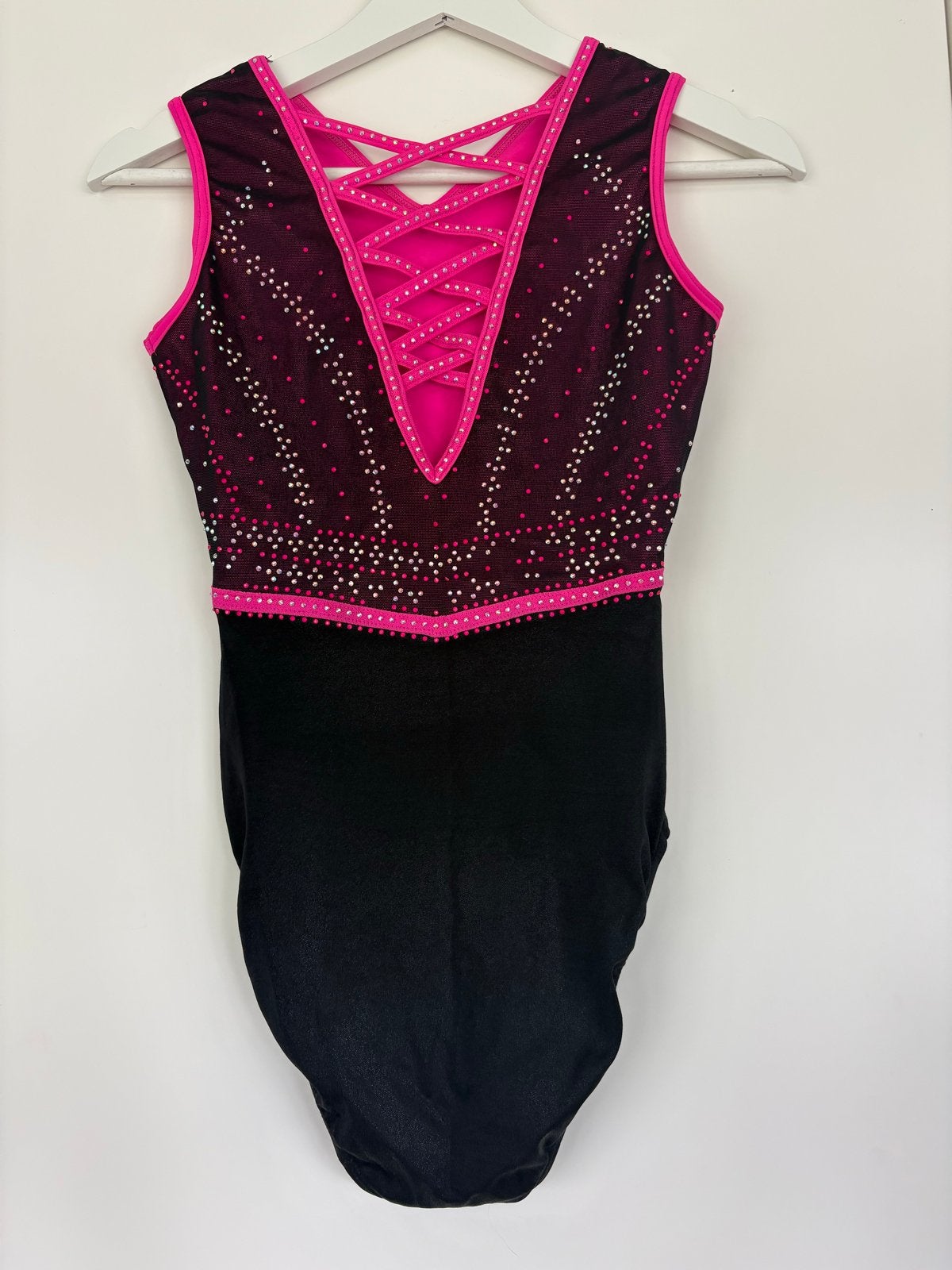 Turnpakje Zwart/Roze met Strass en Open Rug, Sport en Fitness, Turnen, Zwart, Maat 36 t/m 42, Ophalen of Verzenden, Zo goed als nieuw