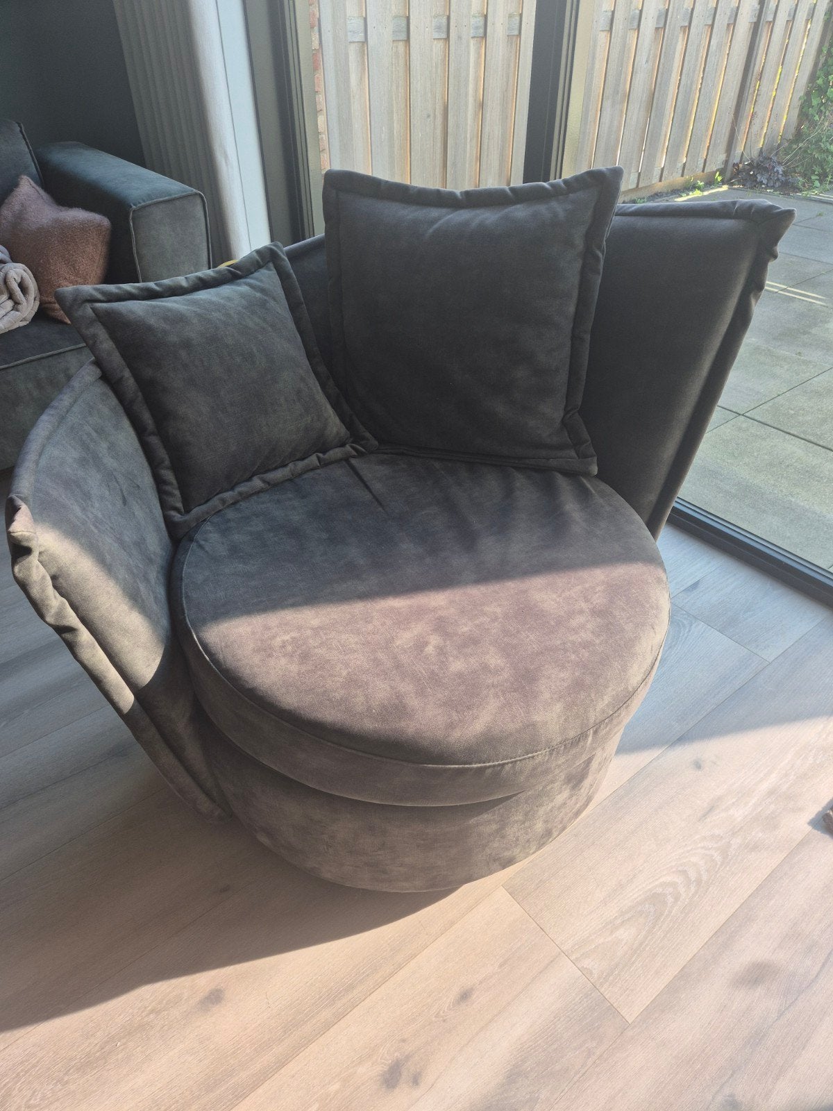 Ronde draaibare fauteuil groen velvet, Huis en Inrichting, Ophalen, Gebruikt, Overige kleuren, Eén