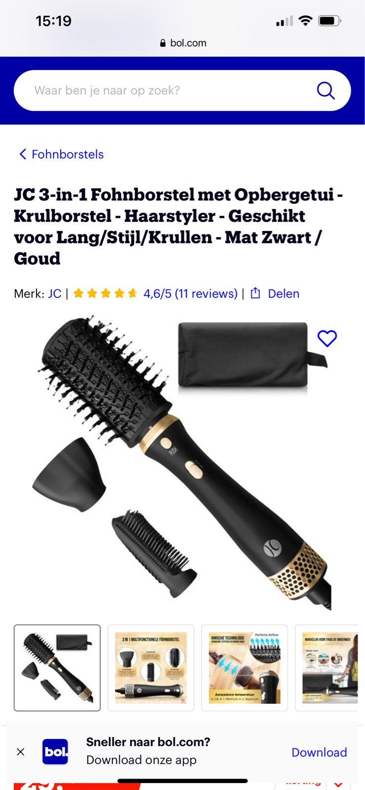 JC 3-in-1 Föhnborstel - Haarstyler - Zwart/Goud, Ophalen of Verzenden, Nieuw, Haarverzorging