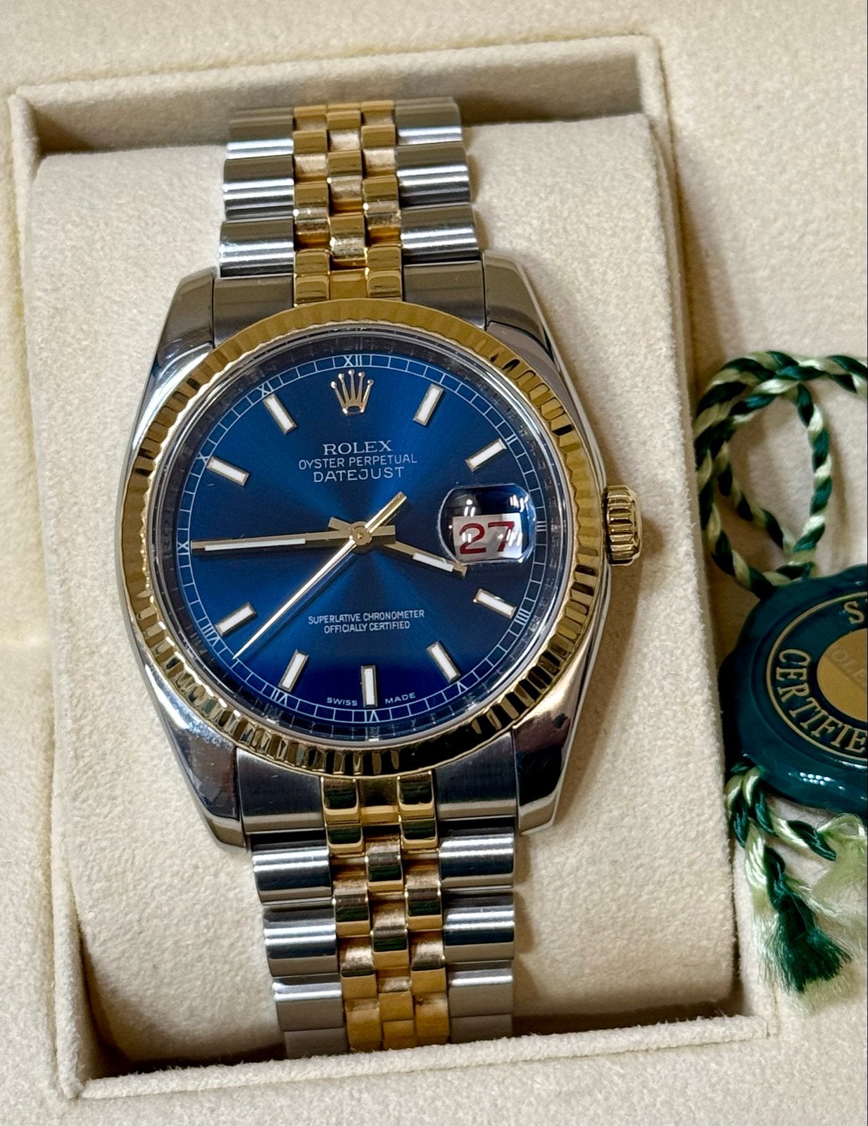 Rolex Datejust 36mm -Blue Roulette Dial-2006, Sieraden, Tassen en Uiterlijk, Horloges | Heren, Gebruikt, Polshorloge, Ophalen of Verzenden
