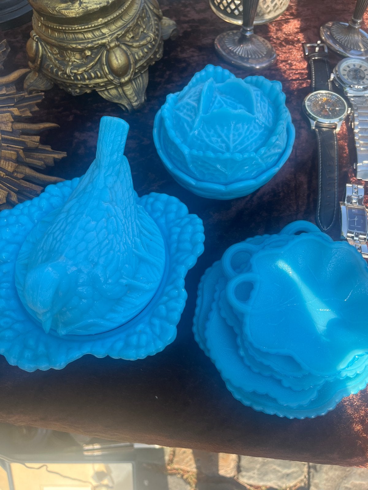 Opaline glazen set: vogel, kool en bladvormige schaaltjes, Verzenden