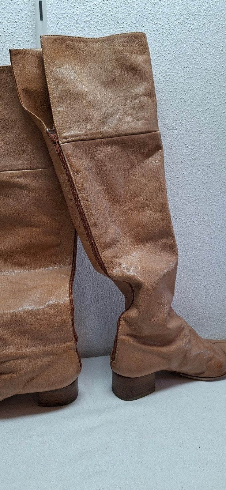 Vintage leren Overknee Laarzen - Maat 39,5, Kleding | Dames, Hoge laarzen, Bruin, Ophalen of Verzenden, Gedragen