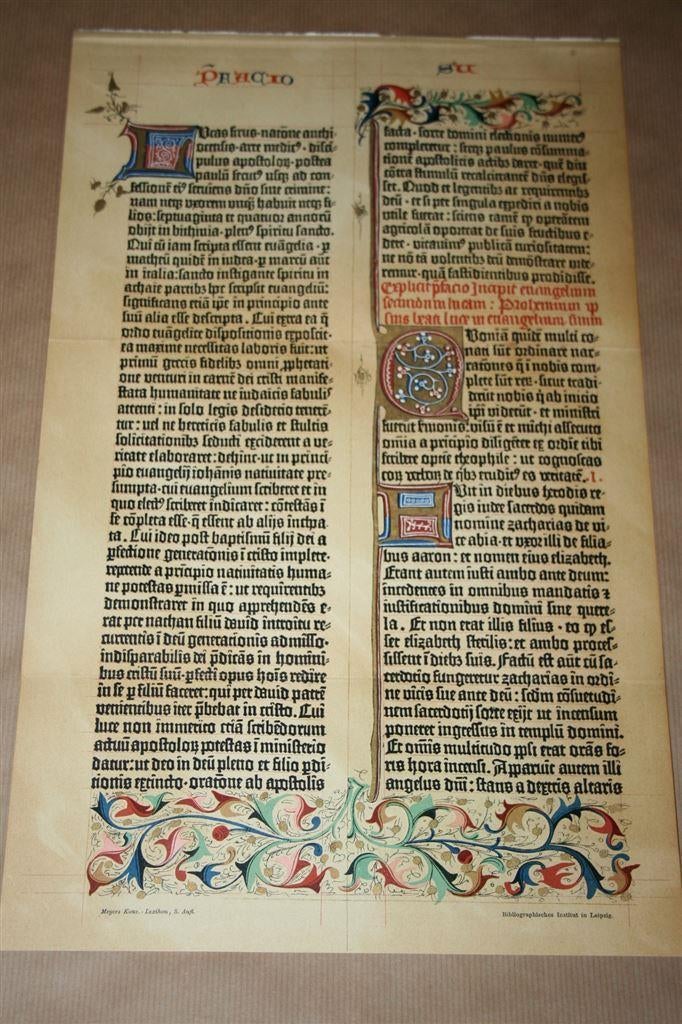 Antieke kleurenlitho - Pagina Gutenberg bijbel - Ca 1900 !!, Ophalen of Verzenden