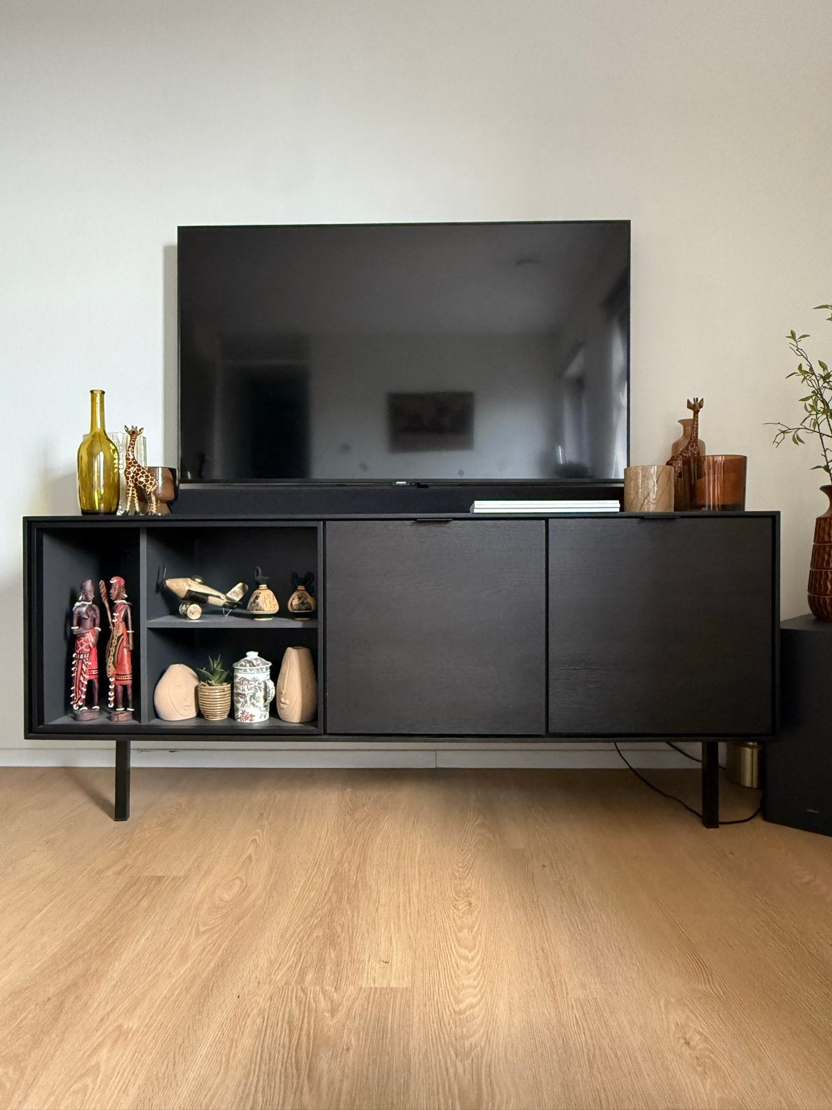 Modern TV-meubelmet LED verlichting - Eiken Fineer Onyx, Ophalen, Gebruikt, 100 tot 150 cm, Eikenhout