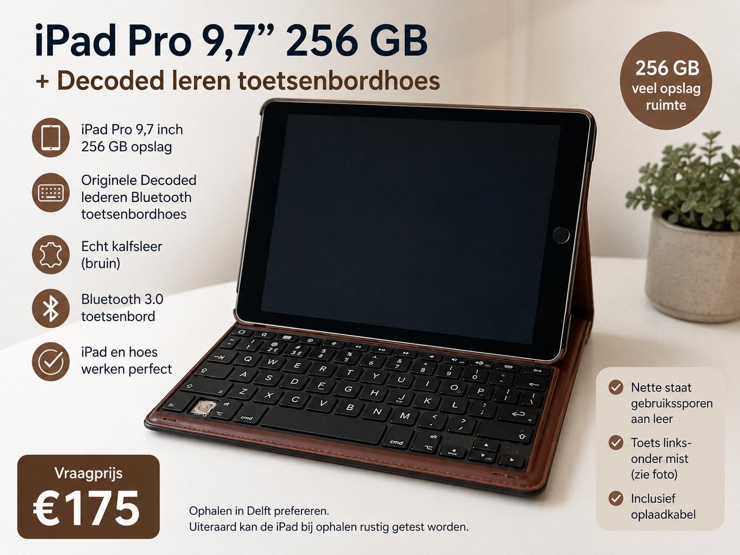 iPad Pro 9,7" 256 GB + Decoded leren toetsenbordhoes, Computers en Software, Apple iPads, 10 inch, Gebruikt, Zwart, Ophalen of Verzenden
