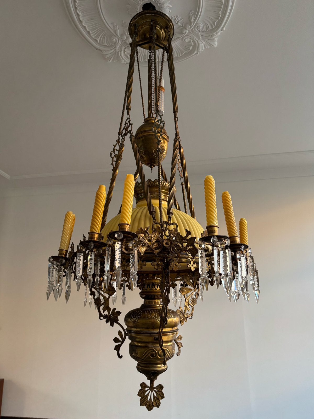 Antieke L&B messing olielamp kroonluchter (1898), Overige fittingen, Zo goed als nieuw, Metaal, Antiek