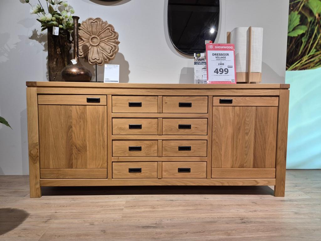 Massief licht rustiek eikenhouten dressoir, Ophalen, 25 tot 50 cm, 200 cm of meer