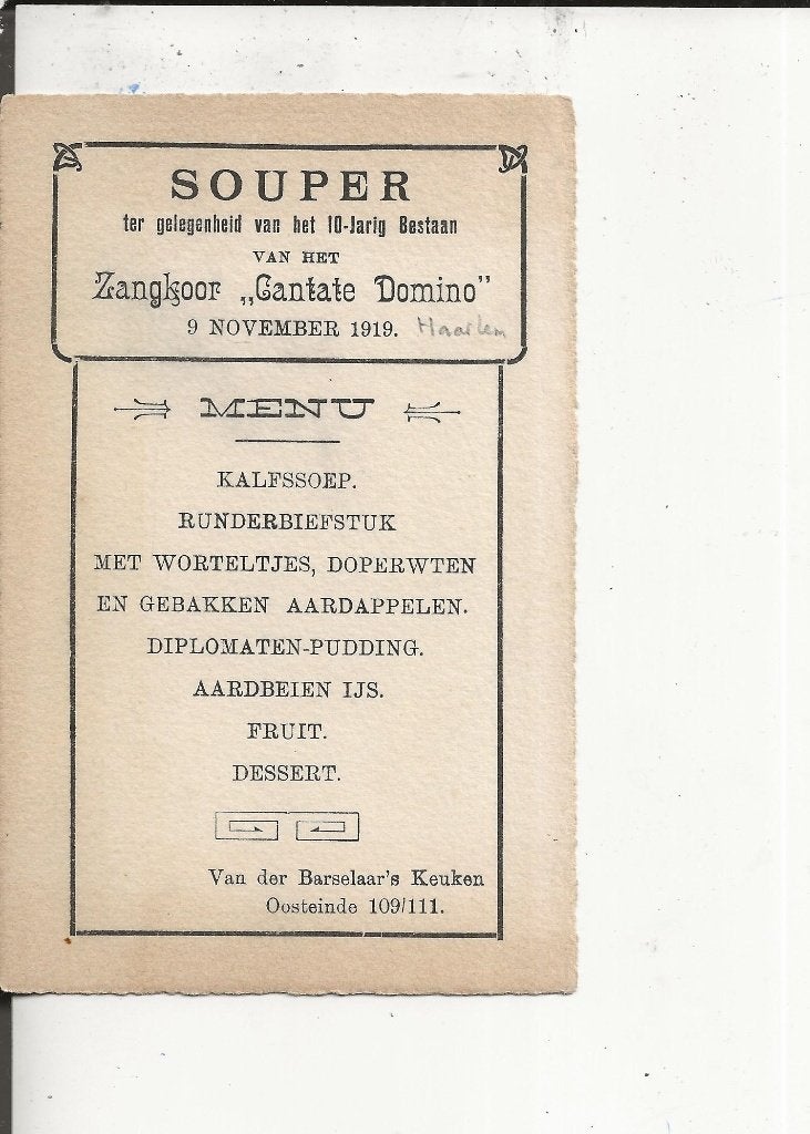 Haarlem Menukaart Zangkoor Cantate Domino 9 nov 1919, Verzamelen, Ansichtkaarten | Themakaarten, Ophalen of Verzenden, Voor 1920