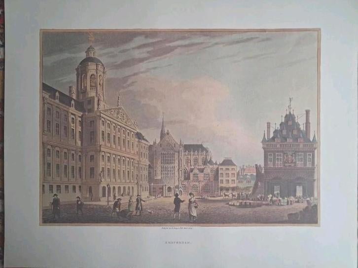 Antieke prent Amsterdam De Dam, uitgegeven 1814, Antiek en Kunst, Kunst | Etsen en Gravures, Ophalen