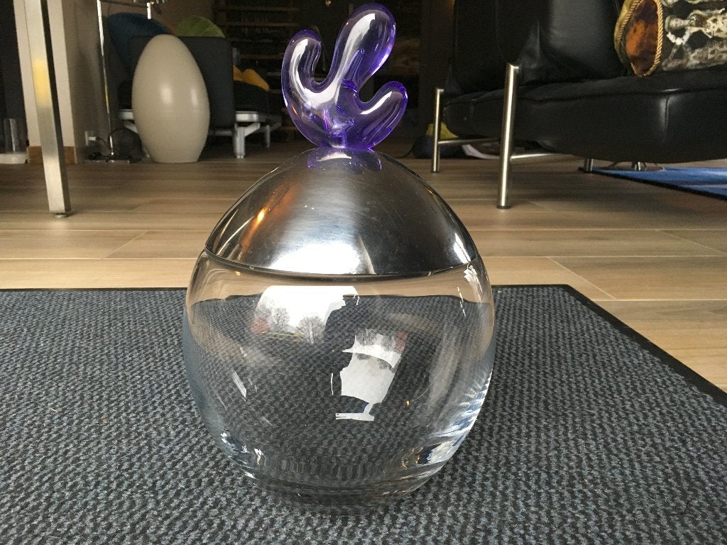 Ovo, Allessi, blauw, zgan, voorraadpot, designer M. Mirri, Ophalen of Verzenden, Zo goed als nieuw, Glas, Pot, Bus of Blik