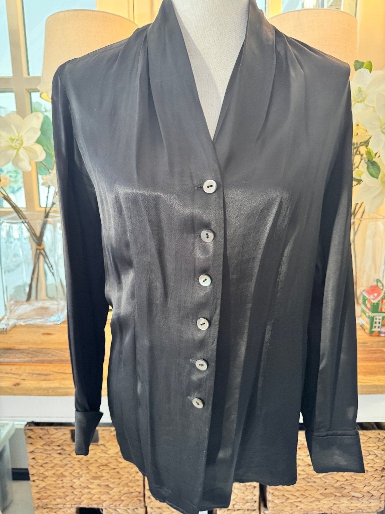 Zwarte, glanzende blouse Claudia Sträter/Copines, 36/S., Verzenden, Zo goed als nieuw, Maat 36 (S), Zwart