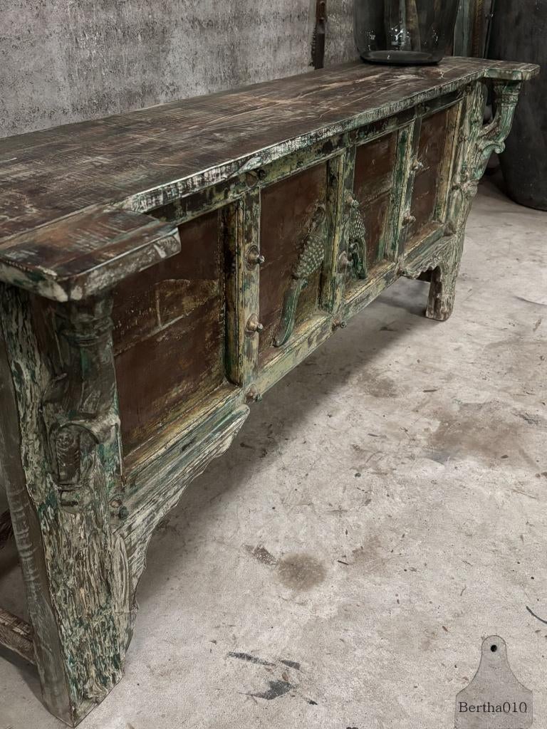 Indiaas dressoir met pauwen, ambacht, erfgoed en karakter, 200 cm of meer, Ophalen of Verzenden, Zo goed als nieuw, Oosters