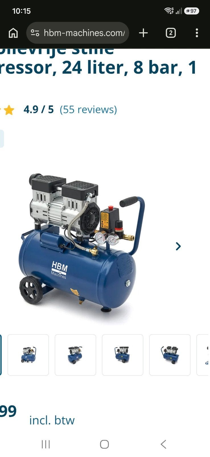 HBM Machines Stille Compressor 24L, 8 bar, 1.5 PK, 6 tot 10 bar, Nieuw, Ophalen of Verzenden, Geluidgedempt
