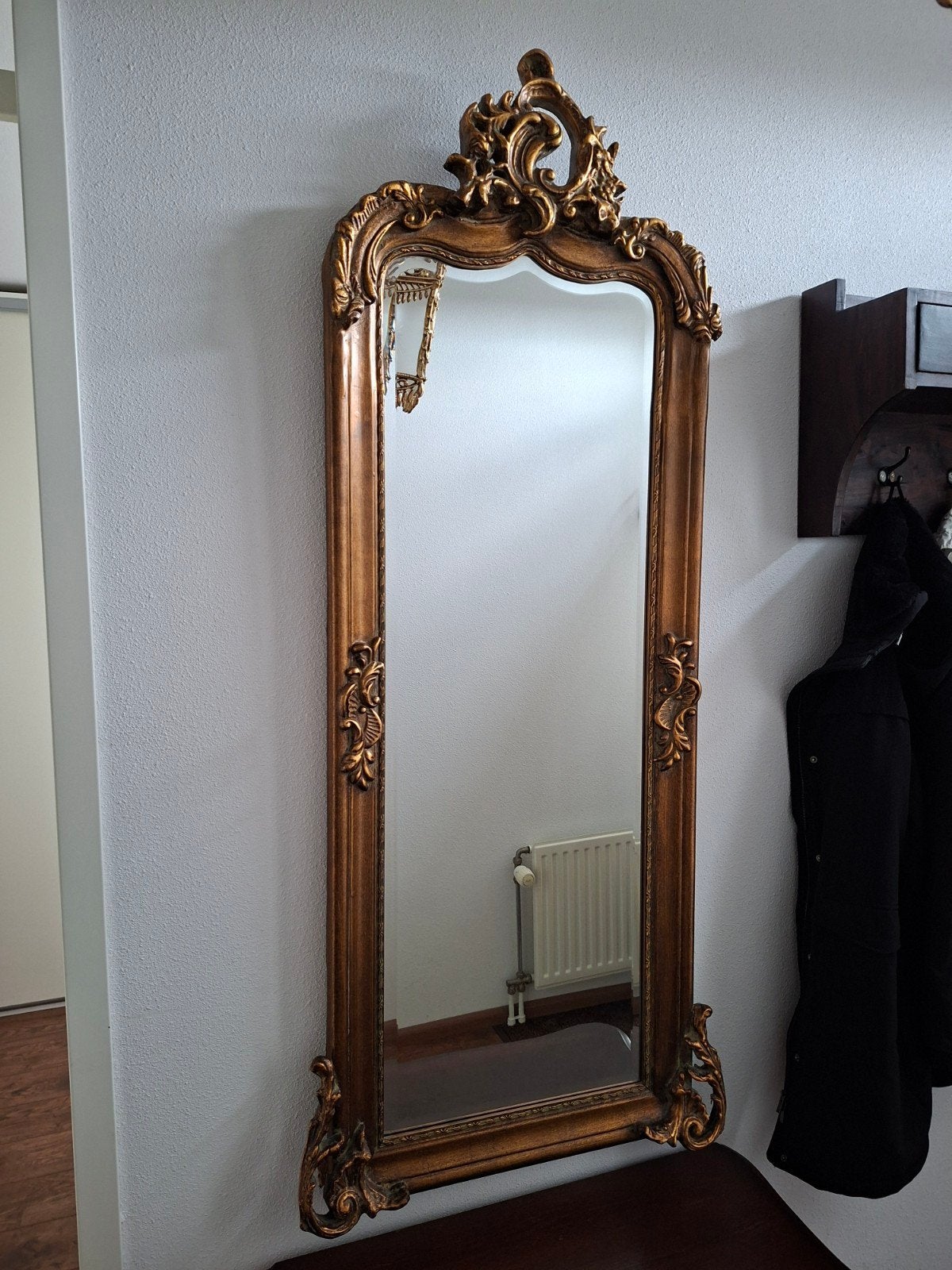 Grote barok spiegel met gouden lijst, Ophalen of Verzenden, Rechthoekig, 50 tot 100 cm, 150 tot 200 cm