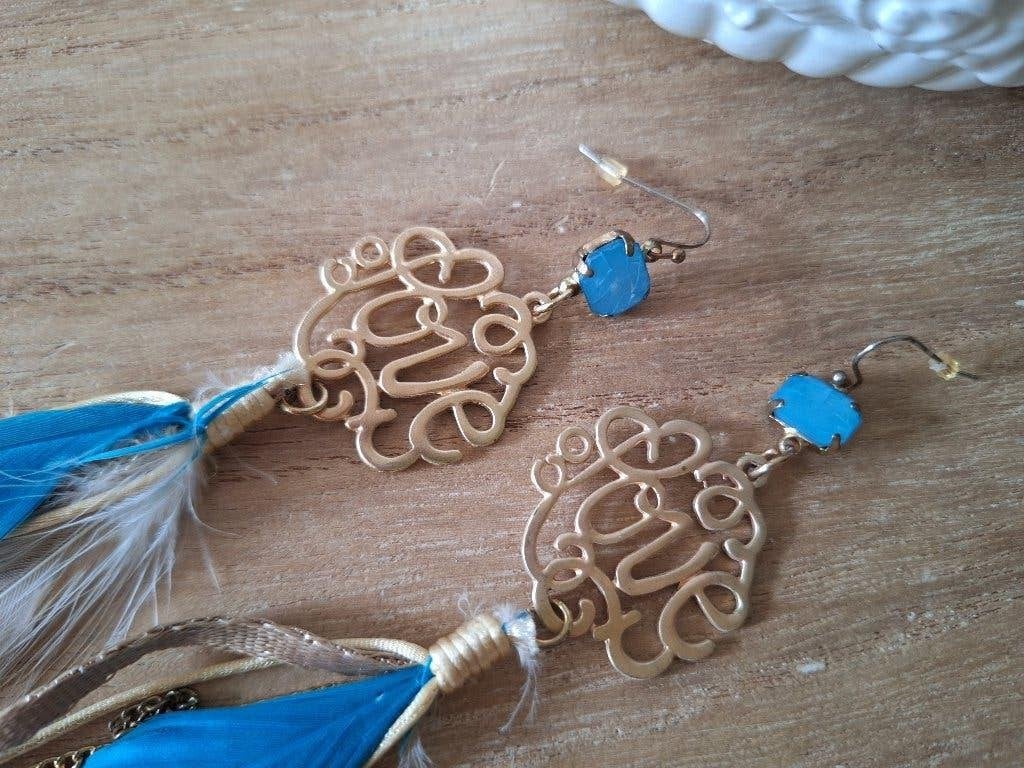 Grote Boho Oorbellen met Veren - LOVE - GOUD - TURQUOISE, Ophalen, Overige materialen, Hangers, Zo goed als nieuw